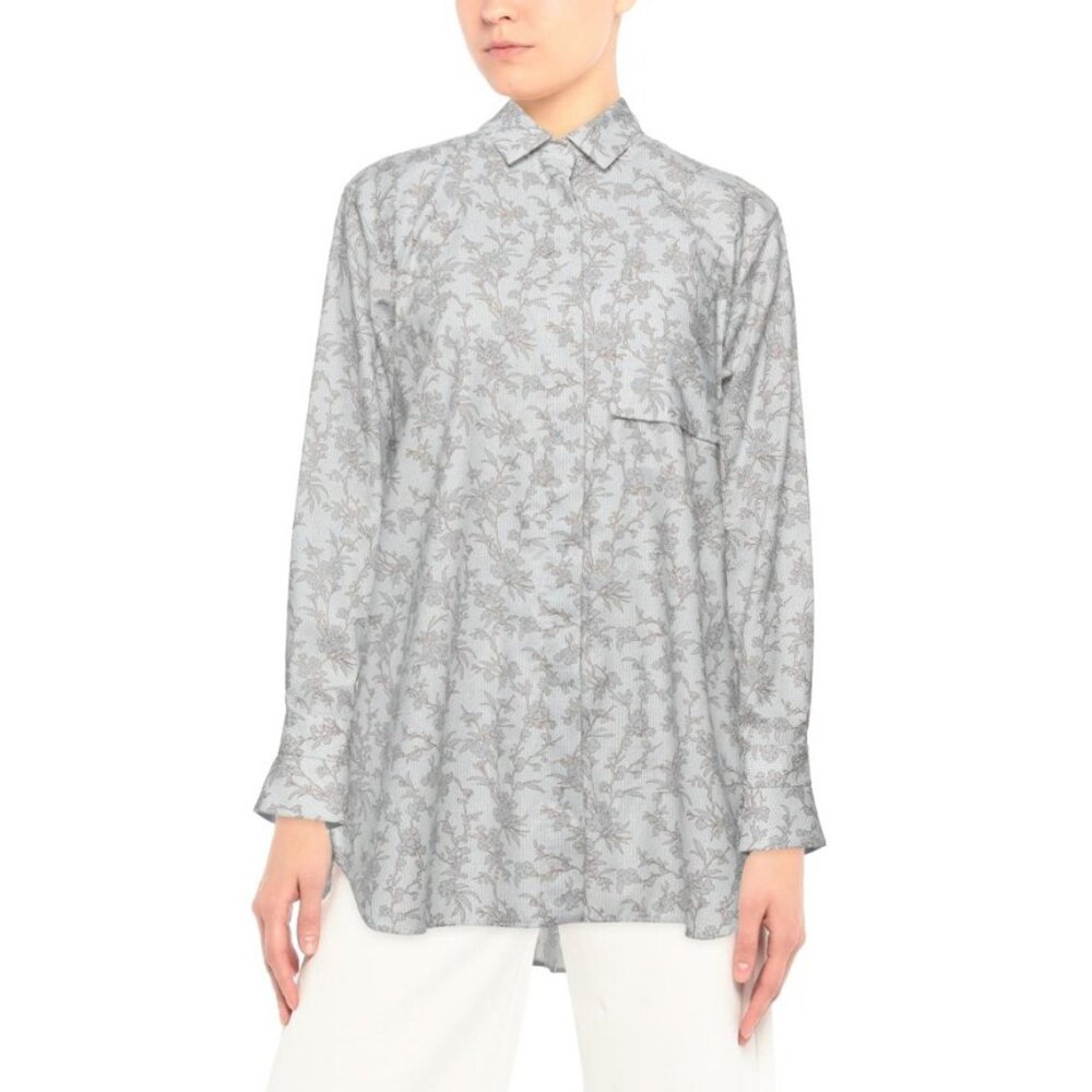 NWT LE SARTE PETTEGOLE Cotton Button-Up Shirt IT44, US8, Floral Blue Grey White